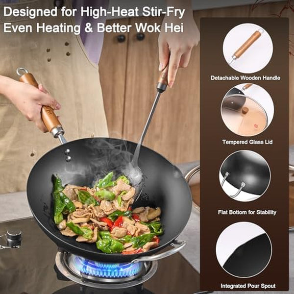 Carbon Steel 13.4" Woks with Traditional Iron Spatula5