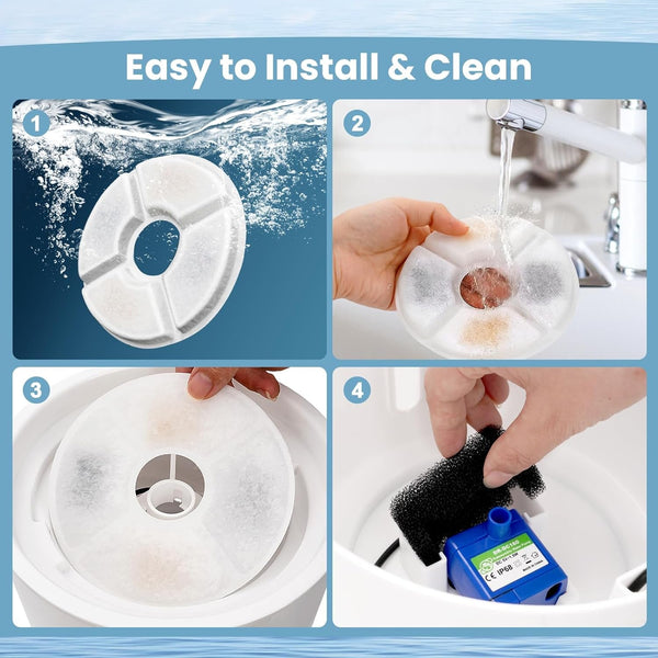 12 Pack Cat Water Fountain Filter, 8 Pcs Cat Fountain Filters Replacement Dia Is 5" & 4 Pcs Pre-Filter Sponges for 81Oz / 2.4L round Automatic Pet Water Fountain Dog Dispenser, 3-Filtration System7