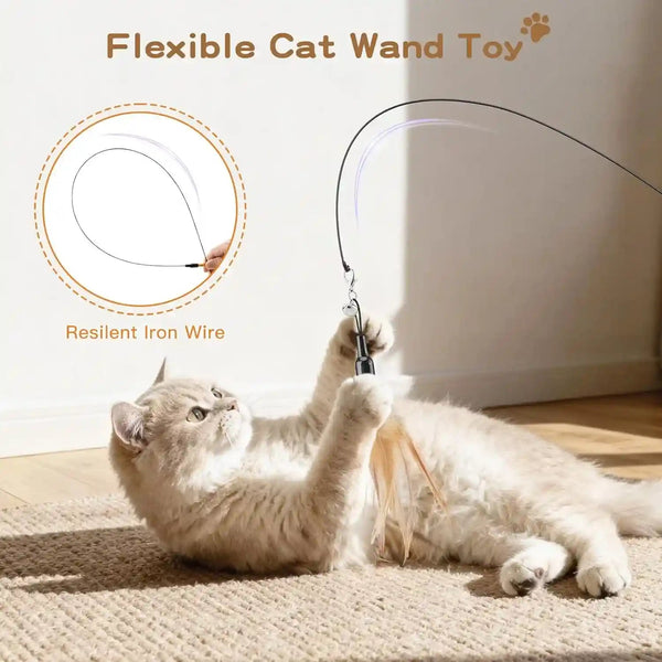 Pawaboo Feather Teaser Cat Toy - Interactive Wand with Extra Long 34.5" Wand and Small Bell, Fun Exerciser Playing Toy for Kittens or Cats, Brown Feather2