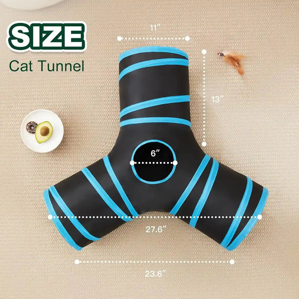 Love’S Cabin Cat Tunnel for Indoor Cats, 3-Way Collapsible Play Tunnel with Teaser Wand, Peek Holes & Toy Ball, Small Pet Toy for Kittens & Rabbits, Black & Blue, Small Size3