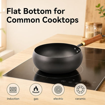 9.5-Inch Carbon Steel Wok with Lid, Flat Bottom Stir Fry Pan | Deep 3.5 QT Bowl for 1–2 Servings; Smooth Carbon Steel Surface; Flat Base for Induction, Gas, Electric and Ceramic Cooktops5