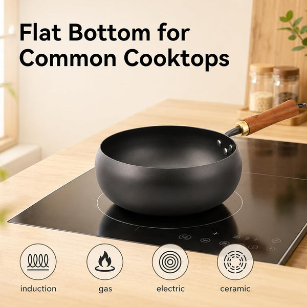 9.5-Inch Carbon Steel Wok with Lid, Flat Bottom Stir Fry Pan | Deep 3.5 QT Bowl for 1–2 Servings; Smooth Carbon Steel Surface; Flat Base for Induction, Gas, Electric and Ceramic Cooktops5