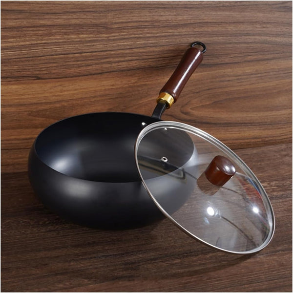 Suntuup Japanese Iron Pan, Non-Stick Iron Pan，Hand-Forged Flat Bottom Small Wok, Rust-Free for Cooker Gas Stir Fry Pans round Bottom with Lid (9.4In Hammer Pattern+Glass Lid)5