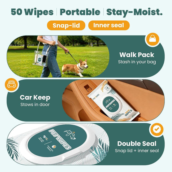 200 Count Dog Wipes & Cat Wipes (4X50 Packs) | Hypoallergenic, Ph Balanced for Paws, Body, Face & Grooming |All-Natural Plant Fiber Wipes with Aloe, Coconut Oil & Vitamin E |Pearl Texture3