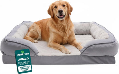 Furhaven Cooling Gel Dog Bed for Large Dogs, Perfect Comfort Sofa Bed with Cool Gel-Top Foam with a Solid Orthopedic Foam Base for Joint Support, Washable Cover, Jumbo XL, Plush & Velvet, Granite Gray1