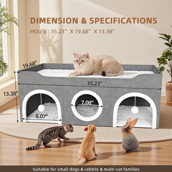 Cat House for Indoor with Fluffy Ball and Scratch Pad | 35” Foldable Cat Bed with Removable Divider,3 Separate Cat Cave for Multi Cats Puppy Family2