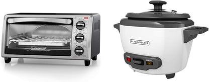 BLACK+DECKER 4-Slice Toaster Oven, TO1313SBD, Even Toast, 4 Cooking Functions Bake, Broil, Toast & 3-Cup Rice Cooker, RC503, 1.5-Cup Uncooked Rice, Steaming Basket1