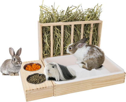 BESNEW 3 in 1 Rabbit Hay Feeder with Litter Box,Wooden Hay Feeder with 2 Bowls & Litter Box for Guinea Pig Chinchilla Bunny Other Small Animals,Large Capacity & Preventing Waste1