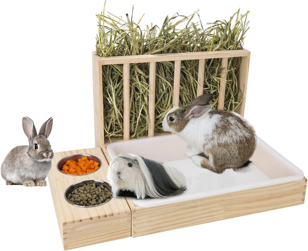 BESNEW 3 in 1 Rabbit Hay Feeder with Litter Box,Wooden Hay Feeder with 2 Bowls & Litter Box for Guinea Pig Chinchilla Bunny Other Small Animals,Large Capacity & Preventing Waste1