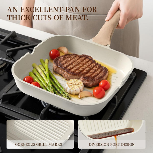 16Pcs Ceramic Pots and Pans Set Non Stick, Includes a 9.5" Grill Pan, Induction Kitchen Cookware Sets, White Nonstick RV Kitchen Camping Cooking Sets Stackable (PTFE, PFOS, PFOA Free)4