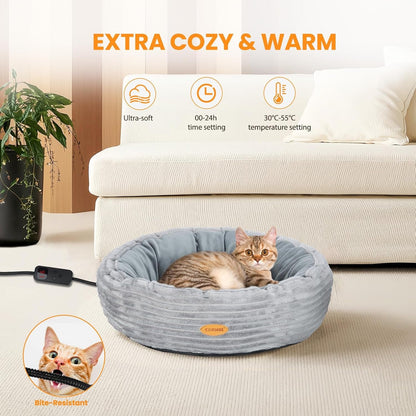 Heated Cat Bed for Indoor Cats, 20’’ Electric Cat Heated Bed Pet Warming Bed for Cats and Small Dogs, Washable Calming round Donut Pet Bed with Heating Pad, Indoor Use2