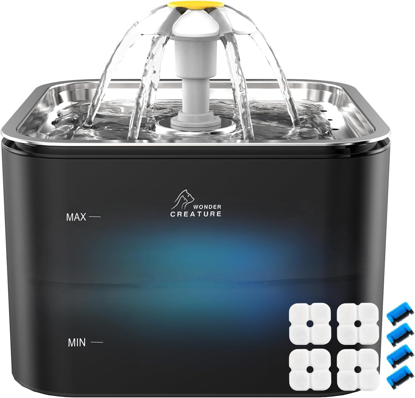 wonder-creature-crystal-cat-water-fountain-stainless-steel-lid-101oz-3l-pet-fountain-with-transparent-base-quiet-pump-led-indicator-light-triple-filtration-3-flow-modes-for-cats-and-dogs