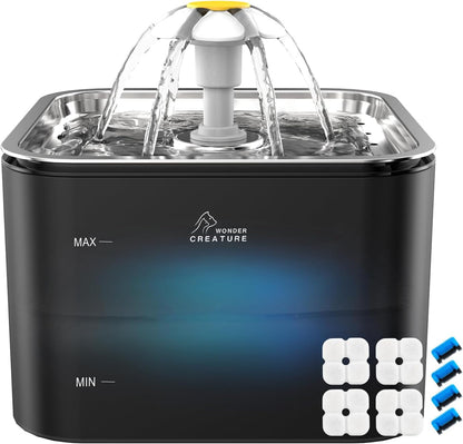 Wonder Creature Crystal Cat Water Fountain Stainless Steel Lid, 101Oz/3L | Pet Fountain with Transparent Base, Quiet Pump, LED Indicator Light, Triple Filtration, 3 Flow Modes for Cats and Dogs10