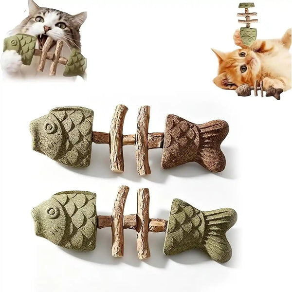 2PCS Catnip and Silvervine Chew, Fish Bone Cat Dental Chew Toy – Natural Wooden Teeth Cleaning Stick for Teething, Boredom Relief & Daily Enrichment1
