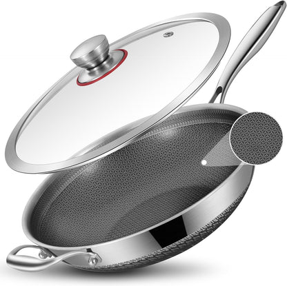 Hybird Nonstick Wok Pan with Lid | 13-Inch | Detachable Handle | Non Toxic | Tri-Ply Stainless Steel | Ceramic Coating | Stir Fry Pan | Induction Compatible | Dishwasher & Oven Safe1