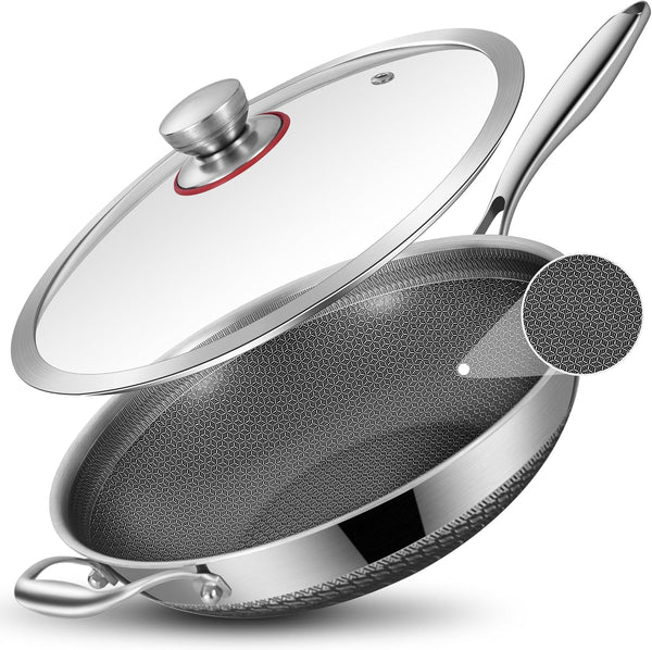 Hybird Nonstick Wok Pan with Lid | 13-Inch | Detachable Handle | Non Toxic | Tri-Ply Stainless Steel | Ceramic Coating | Stir Fry Pan | Induction Compatible | Dishwasher & Oven Safe1