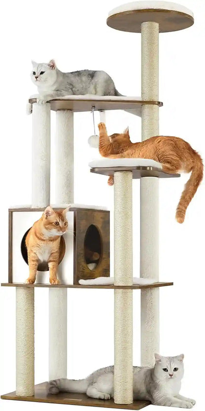 Feandrea Cat Tree, 64.6-Inch Modern Cat Tower, Multi-Level Condo with 5 Scratching Posts, Perch, Washable Removable Cushions, Cave, Rustic Brown UPCT166X011