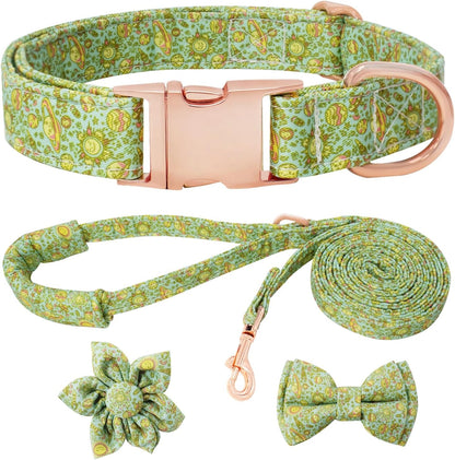 Dog Collar and Leash Set Girls Adjustable Puppy Collars with Floral Bow Tie for Small Medium Large Female Dogs, Orange Flower, S10