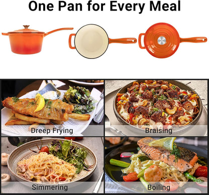 Enameled Cast Iron Sauce Pan, 2 Quarts round Sauce Pot with Lid, Mini Dutch Oven Enamel Saucepan for Cooking Pasta Sauce, Marinate, Cook, Refrigerate and Serve, Flame Orange5