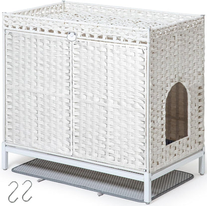 SETVSON Cat Litter Box Enclosure Furniture, Rattan PE Kitty House, Natural | Handwoven PE Rattan with 2 Soft Mats, Heightened Metal Feet, 2 S-Hooks, 30.3 X 18.3 X 28 in Spacious Interior Kitty Cabinet12