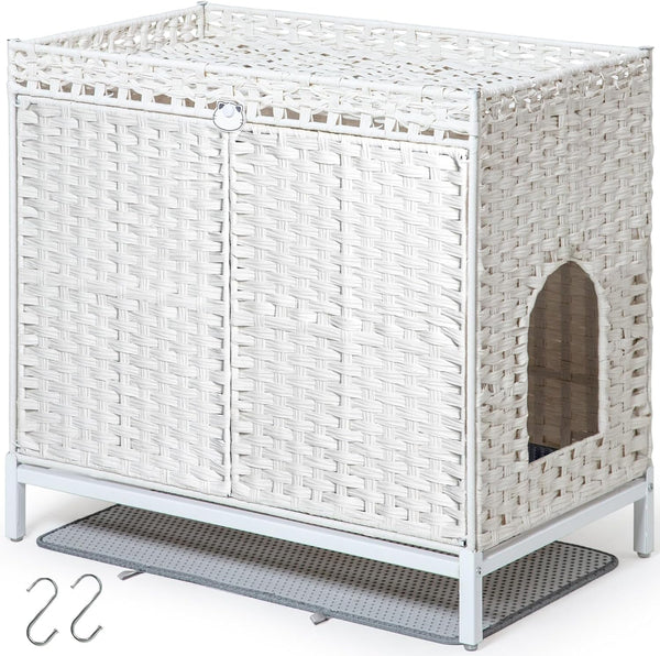SETVSON Cat Litter Box Enclosure Furniture, Rattan PE Kitty House, Natural | Handwoven PE Rattan with 2 Soft Mats, Heightened Metal Feet, 2 S-Hooks, 30.3 X 18.3 X 28 in Spacious Interior Kitty Cabinet12