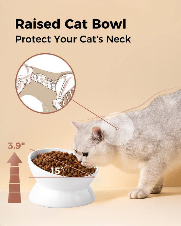 Loejan Elevated Cat Food Bowl, 5 Oz Ceramic Raised and Tilted Water Bowl, anti Vomiting and Protect Pets' Spines Dishes for Small Dog, Fat Faced Cat, Kitten (White, 1 Pack)5