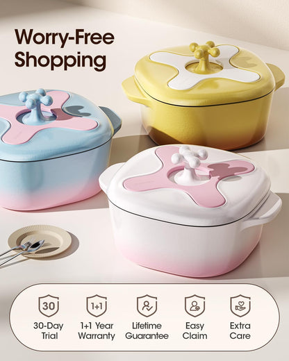 5 Qt Enameled Cast Iron Dutch Oven with Lid, Cream Pink White | 6-Layer Nonstick Enamel, Extra Capacity Oval Design, Heavy Self-Basting Lid, Heat-Resistant Silicone Pad Included9