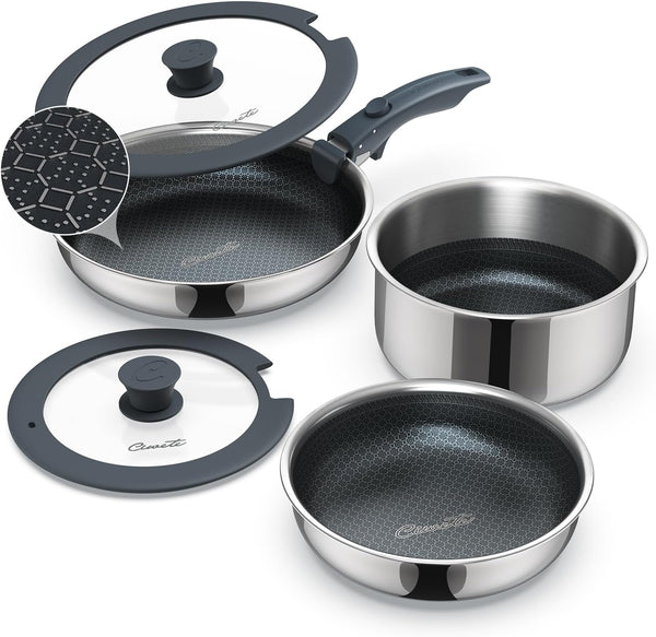 6-Piece Hybrid Stainless Steel Pots and Pans Set Non Stick, Tri-Ply Stainless Steel Cookware Set with Lids and Detachable Handle, PFOA Free Kitchen Skillet for All Cooktops, Dishwasher Safe1