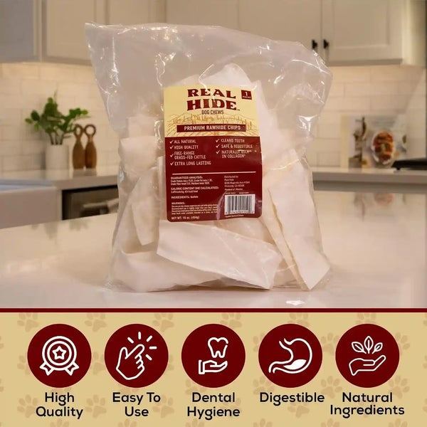 Real Hide All Natural Dog Chew Treats Rawhide Chips 1 Pound | All Natural Chew Treats, Premium Rawhide Chips, Grass Fed Free Range Beef Hide, Long Lasting, for All Dog Sizes7