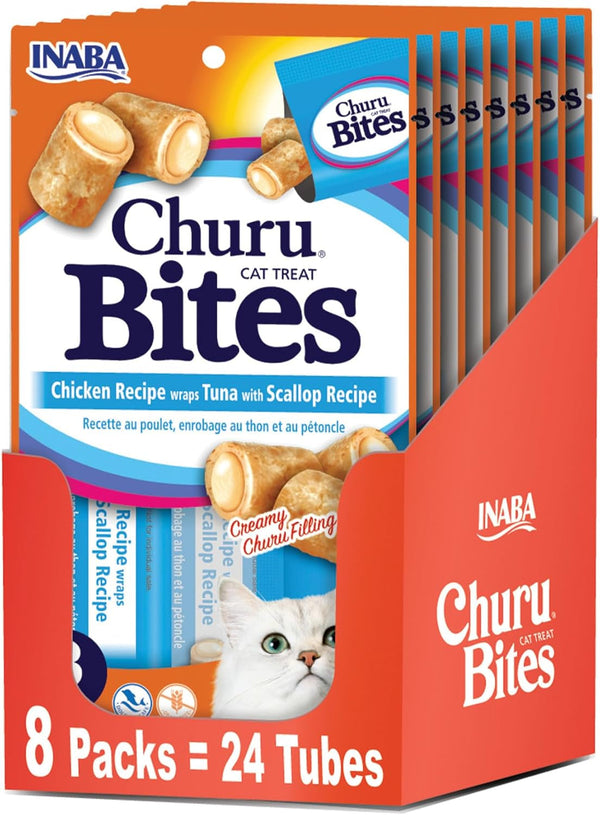 INABA Churu Bites for Cats, Soft/Chewy Baked Chicken Wrapped Churu Filled Cat Treats with Vitamin E, 0.35 Ounces per Tube, 24 Tubes Total (3 Tubes per Pack), Chicken Recipe12