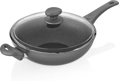 Titanium Nonstick 11 Inch Wok and Stir Fry Pan with Glass Lid Forged Aluminum with PFOA Free Scratch Resistant (Gray)1