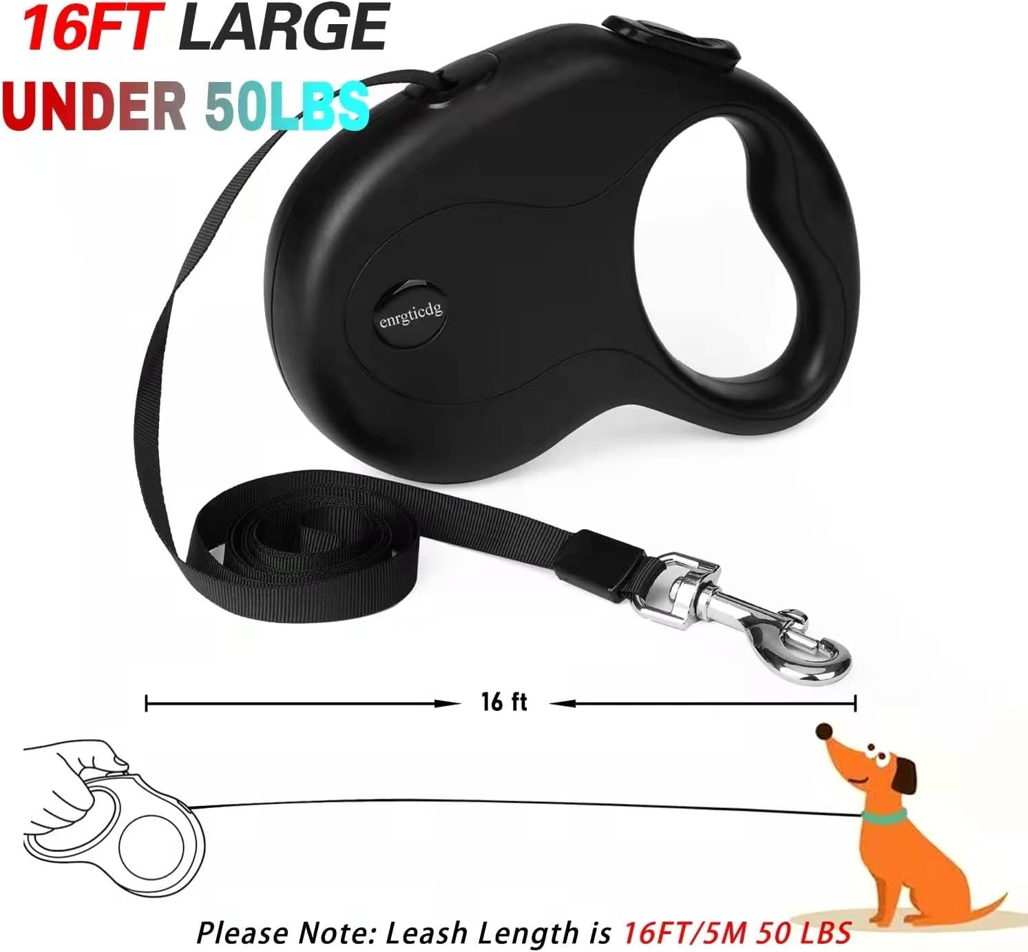 enrgticdg-16ft-retractable-dog-leash-light-weight-leash-for-small-to-medium-dogs-cats-up-to-50lbs-stainless-steel-spring-strong-nylon-tape-tangle-free-one-handed-brake-black