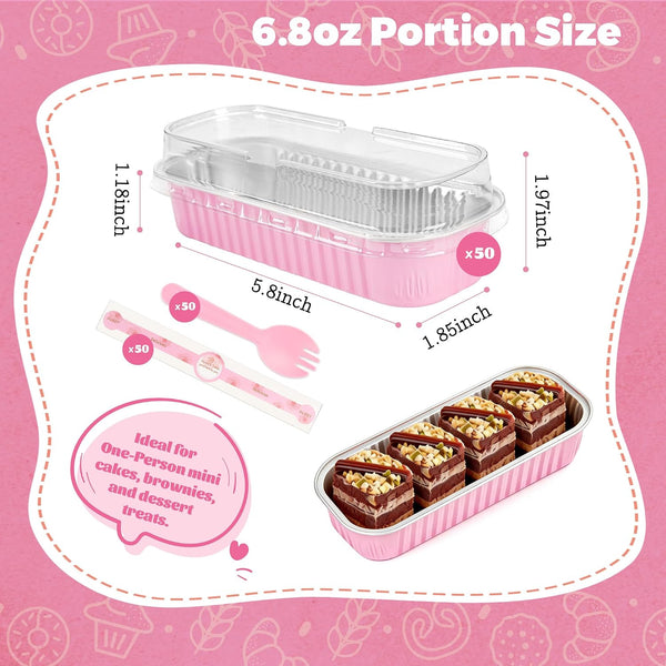 Mini Loaf Pans with Lids, 50 Pack Pink 6.8Oz for Party Favors | Fits Tartlets, Pudding Desserts, Loaf Slices and Sweet Samples; Single-Base Workflow Helps Limit Dish Handling.4