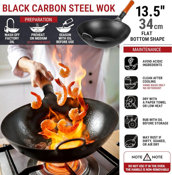 13.5" Pre-Seasoned Flat Bottom Black Carbon Steel Wok for Stir Fry | Pow Wok for Stir Fry, BBQ, Grill, Camping – Traditional Chinese Cookware for Induction, Electric, Gas, Open Fire3