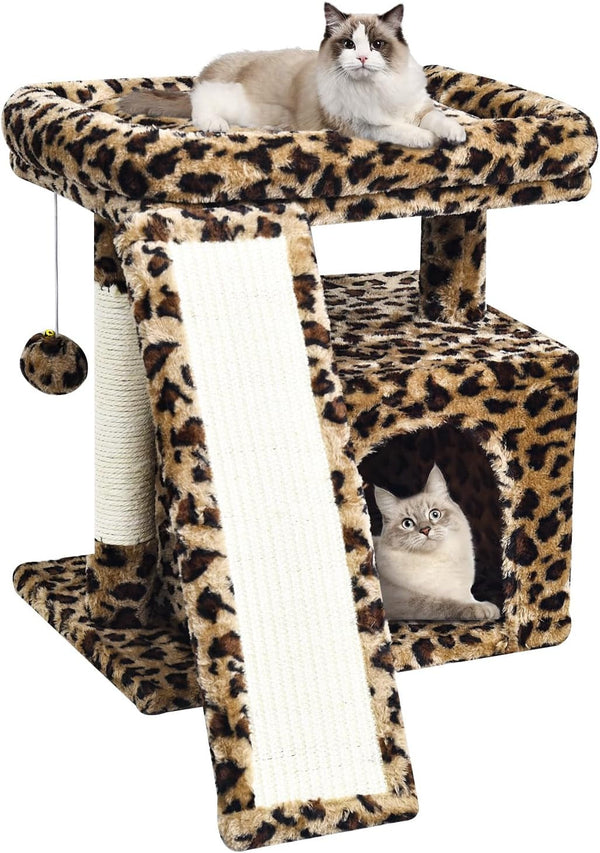 Small Leopard Print Cat Tree for Indoor Cats | Short Tower with Scratching Post, Ramp Pad, Condo with Perch Bed, Kittens Play House, Hanging Plush Ball & Cave for Resting (Leopard Print)1