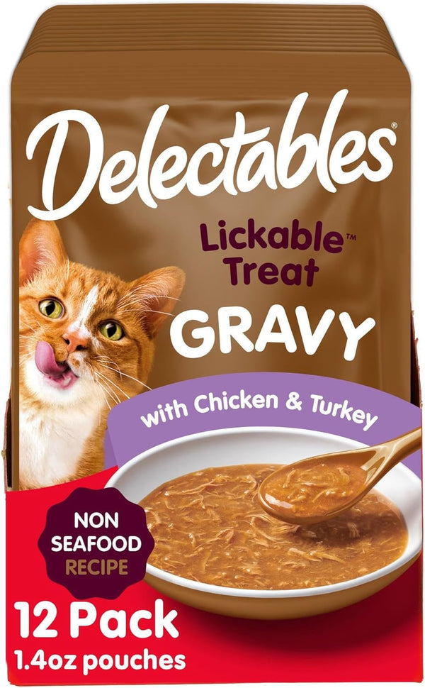 Delectables Lickable Treat Gravy Wet Cat Treat Variety Pack, Food Topper, Hydrating, Grain-Free, No Fillers, By-Products, Added Preservatives, 1.4Oz Pouch, 12Ct17