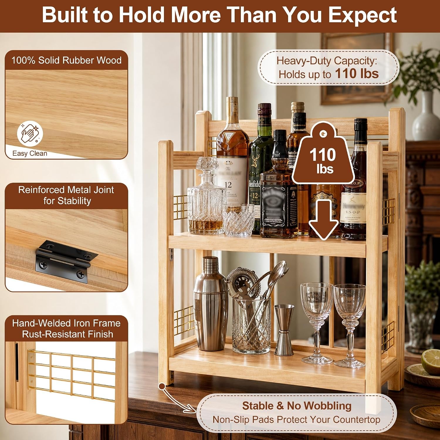 no-assembly-coffee-bar-organizer-2-tier-coffee-station-shelf-foldable-oak-wood-shelf-coffee-station-accessories-storage-for-syrup-pod-3-hooks-for-mugs-kitchen-condiment-rack-natural