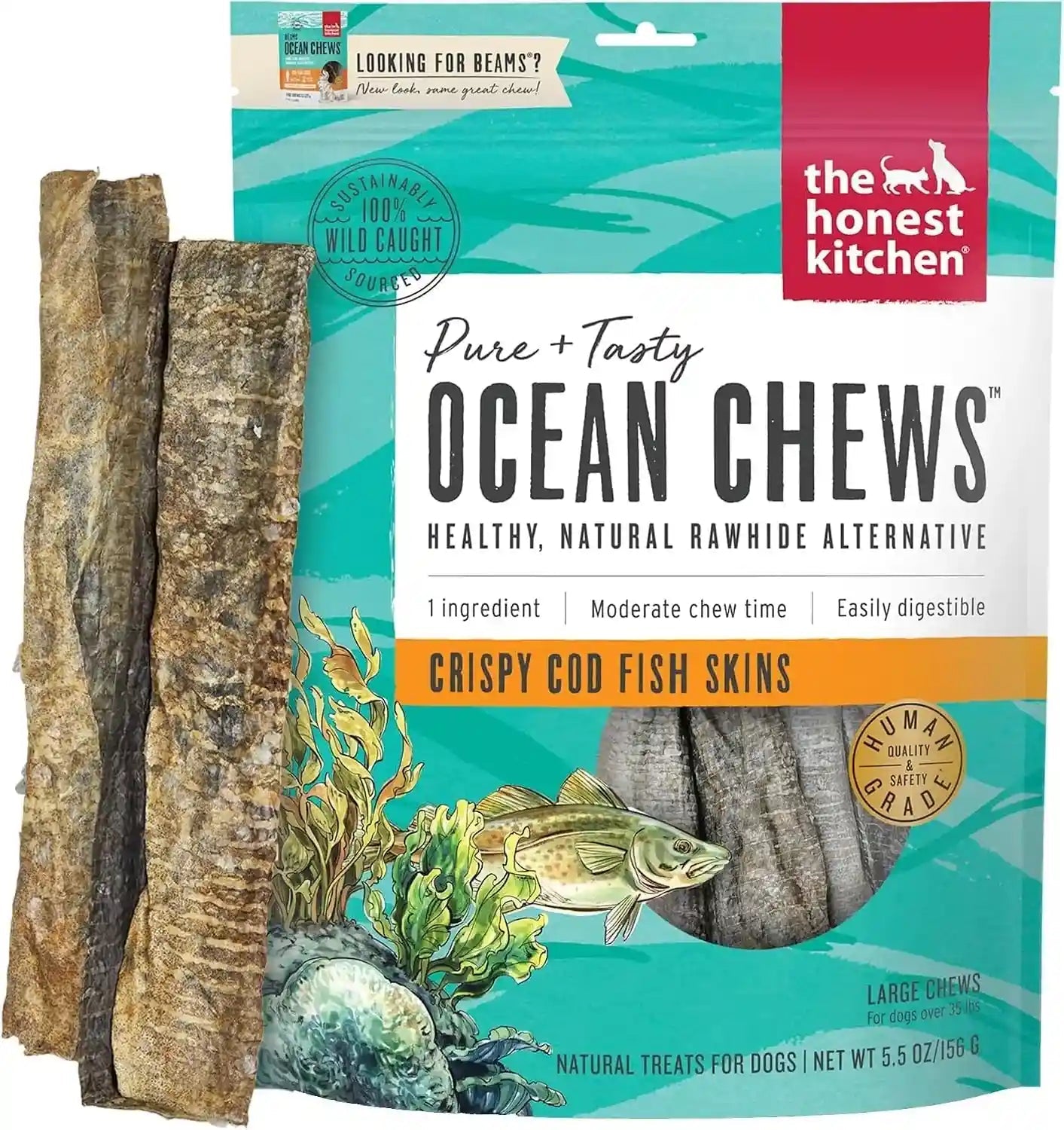 the-honest-kitchen-ocean-chews-crispy-cod-fish-skins-dog-treats-human-grade-single-ingredient-dehydrated-fish-dog-chews-for-large-dogs-high-protein-rawhide-alternative-for-skin-coat-5-5-oz