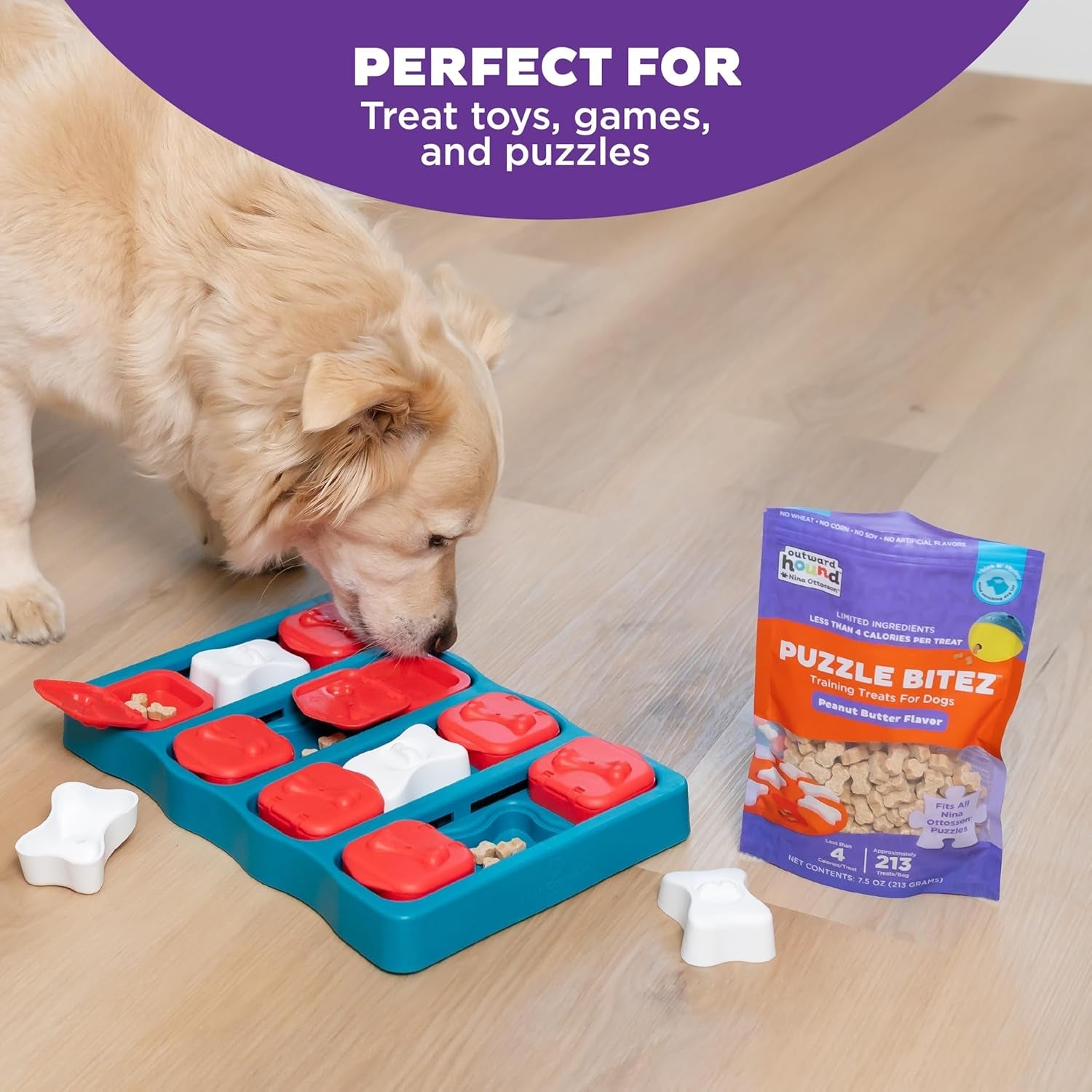 outward-hound-by-nina-ottosson-puzzle-bitez-usa-made-dog-treats-peanut-butter-flavor-bite-sized-training-reward-and-interactive-puzzle-toy-treats-7-5oz