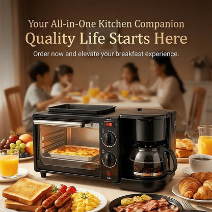 3-In-1 Breakfast Station with Coffee Maker, Automatic Timed 2.38 Gallon Antirust Bread Oven, Frying Pan, Multifunctional Sandwich Maker, Healthy Snacks or Desserts, Breakfast Station3