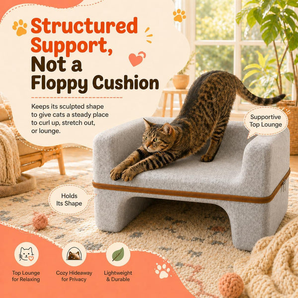 Large Cat Bed for Indoor Cats, 2-Tier Cat Cave Bed with Top Lounge & Lower Hideaway, Washable PET Felt Cat Sofa for Living Room, Bedroom, Apartment, Scratch-Friendly Cat Furniture, Light Gray4