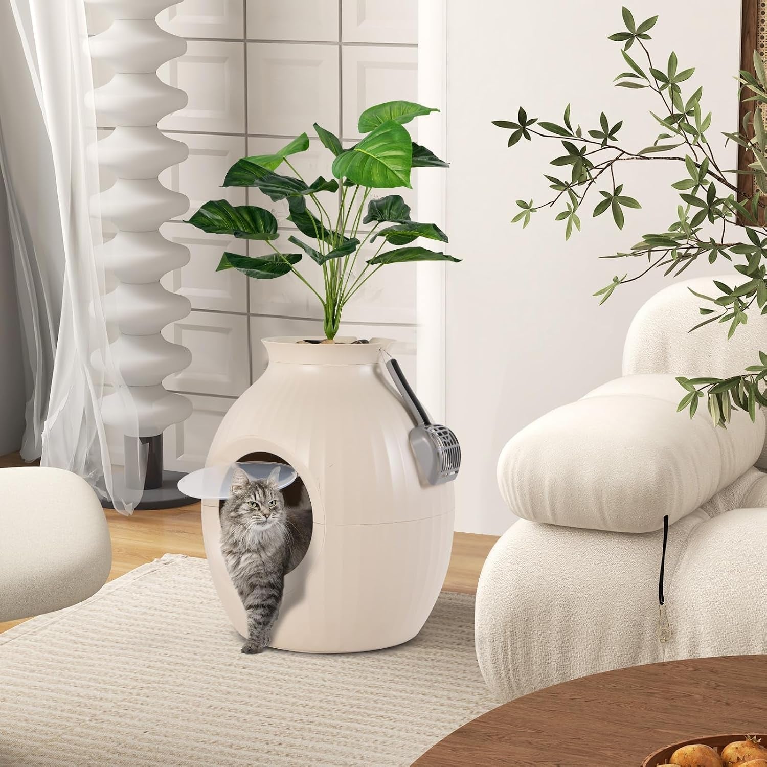 tangkula-hidden-litter-box-plant-cat-litter-box-enclosure-furniture-with-odor-removal-system-4-modes-lights-artificial-plant-pebbles-door-scoop-planter-litter-box-for-large-cats-easy-to-clean