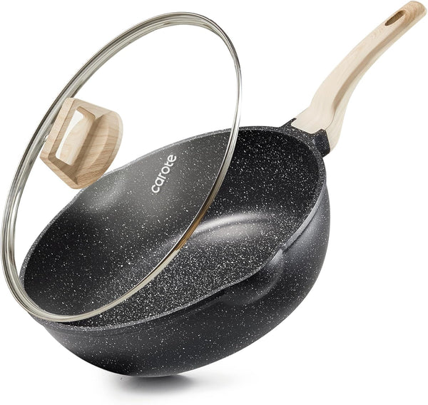 12 Inch Nonstick Deep Frying Pan with Lid, 5.5 Qt Black Granite | Kitchen Non-Toxic PFOA Free Cookware, Covered Sauté Pans All Stovetops Compatible, Easy to Clean1