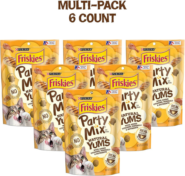 Purina Friskies Natural Cat Treats, Party Mix Natural Yums with Real Chicken & Vitamins, Minerals & Nutrients - (Pack of 6) 6 Oz. Pouches2