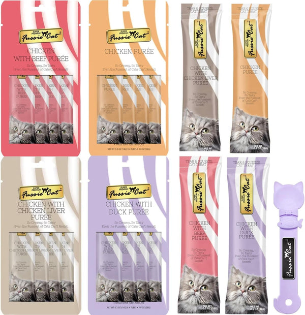 Fussie Cat Premium Puree Lickable Cat Treats in Chicken Puree, 4 Flavors, 4 Packs of 4-0.5Oz Tubes (16 Total Tubes) +Spoon1