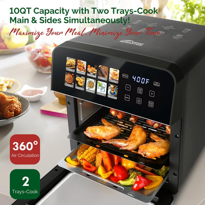 10QT Air Fryer Toaster Oven Combo with 10 Presets, Family Size Compact Oven for Roasting Whole Chicken/Double Cooking, Stainless Steel Interior, Easy Clean, Includes 2 Accessories & Recipe2