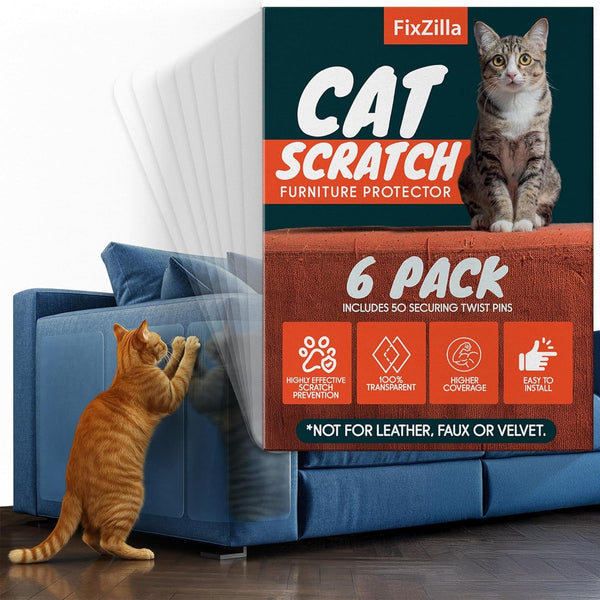 Fixzilla anti Cat Scratch Furniture Protector, 10-Pack Couch Protector from Cat Claws - Heavy-Duty, Easy-To-Apply Scratching Deterrent and Shield for Sofa Corners, Walls, Doors- with 50 Twist Pins11