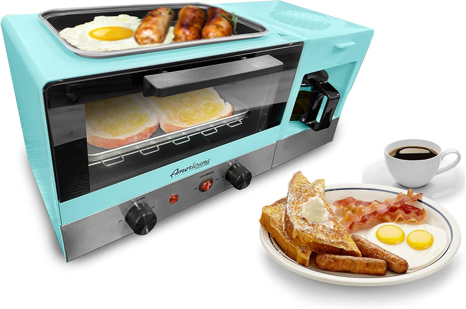 americana-breakfast-center-griddle-toaster-oven-blue-2-slice-w-15-min-timer-heat-selector-mode-plus-9-5-griddle-w-glass-lid-4-cup-coffeemaker