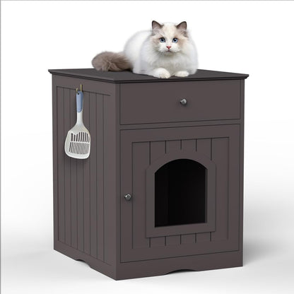 Large Wood House for Cats Litter Box Enclosure Furniture Hidde Out Box with Cabinet Drawer Indoor Pet House Side Table Wooden Crate (White)6