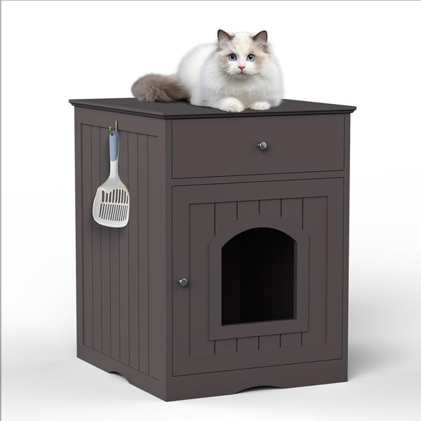 Large Wood House for Cats Litter Box Enclosure Furniture Hidde Out Box with Cabinet Drawer Indoor Pet House Side Table Wooden Crate (White)6